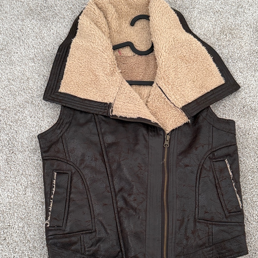 Brown Faux Leather Vest with Sherpa Lining